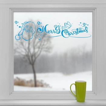 Новогодняя наклейка на окно Merry Christmas! (санта витрины надпись с новым годом) матовая 1100х280 мм Голубой