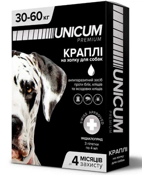 Краплі від бліх та кліщів на загривку для собак Unicum premium 30-60 кг (імідаклоприд), 3 піпетки