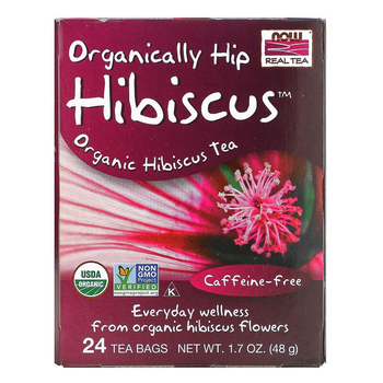 Чай з квітами гибискуса NOW Foods "Organically Hip Hibiscus" каркаде без кофеїну, 24 пакетики (48 м)