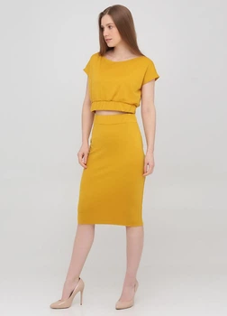 Трикотажний костюм топ + пряма спідниця міді Подіум 28125-MUSTARD S Горчичный