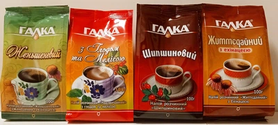 Упаковка растворимого напитка на основе ячменя и цикория Галка Шипшиновий Надзвийчайний, Женьшеневий и Життєдайний 4шт по 100г