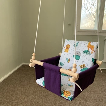 Дитяча гойдалка Infancy Африка підвісна з натурального дерева фіолетова тканинна основа від 7 місяців до 5 років.