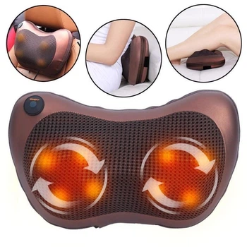 Массажная подушка массажер для шеи и спины MASSAGE PILLOW QY-8028 Plus с подогревом Коричневая