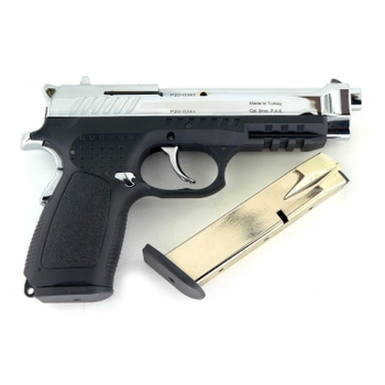Стартовий сигнальний пістолет Kuzey F92 Chrome під холостий патрон 9 мм з додатковий магазином