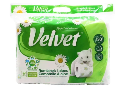 Туалетная бумага Velvet Camomile трехслойная 150 отрывов 12 рулонов