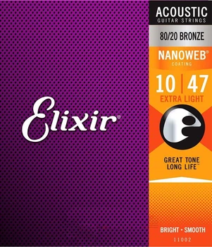 Струны для акустической гитары Elixir 11002 Nanoweb 80/20 Bronze Extra Light 10-47 (AC NW EL)