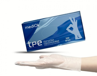 Рукавички неопудрені одноразові ТПЕ, MediOk, прозорі, розмір L, (200 шт./100 пар)
