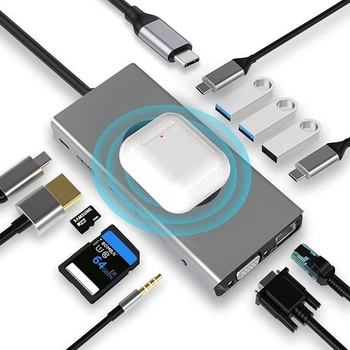Док-станція SZPACMATE 13 в 1 USB C HUB з бездротовою зарядкою, HDMI 4K, VGA, 2 × USB 3.0, USB C 3.0 і 2.0, RJ45 Ethernet, PD 100 Вт, SD / TF і 3,5 мм AUX, сумісний з MacBook Pro та іншими ноутбуками