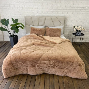Всесезонна Ковдра Cappone Травка Хутро (плюшеве) 200X230см Кемел + 2 подушки 50х70 см
