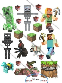 Сахарна їстівна картинка майнкрафт, павук, Minecraft, Кріпер, Алекс вис.9см, вис.2см для дітей 7,8 років на торт (SNP - 00816)