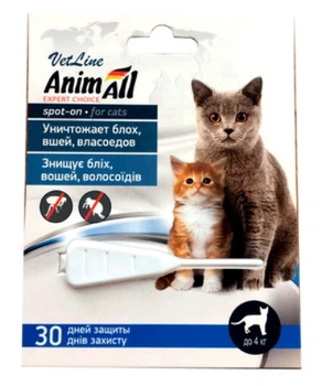 Краплі для кішок і собак до 4 кг (від бліх, вошей, волосоїдів) AnimAll VetLine spot-on спот-он, 1 піпетка 0,5 мл
