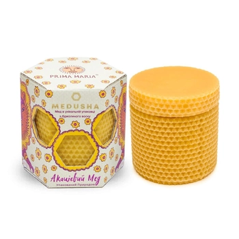 Мед білої акації в упаковці "Вулик" з 100% бджолиного воску "Прима Марія" 350г Medusha 