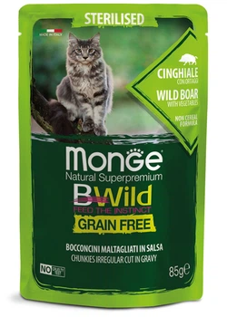 Вологий беззерновий корм для стерилізованих котів Monge (Монж) Cat BWILD GR.FREE WET Sterilised м′ясо дикого кабана з овочами 85 гр 28 шт.