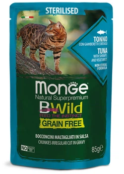 Вологий беззерновий корм для стерилізованих котів Monge (Монж) Cat BWILD GR.FREE WET Sterilised тунець з креветками та овочами 85 гр 28 шт.