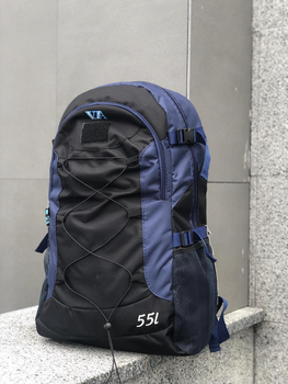Універсальний туристичний рюкзак 55 літрів із вологовідштовхувальної тканини чорно синій