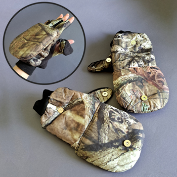 Мужские перчатки зимние тактические для охоты на флисе с откидной варежкой Tactical Камуфляж лес (9209)