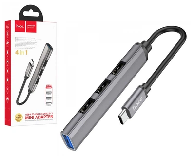 Хаб Hoco 4в1 adapter (Type-C to USB 3.0+USB 2.0*3) grey