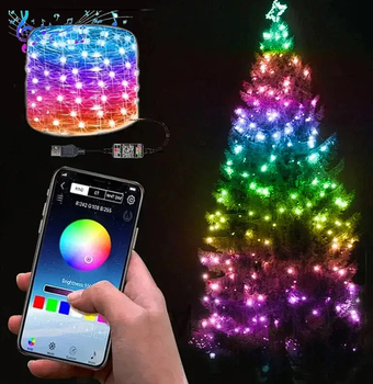 Умная светодиодная Smart Гирлянда RGB управления через Bluetooth смартфон USB питание – 15 метров/150 лампочек