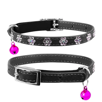 Ошейник "WAUDOG GLAMOUR" с резинкой, клей.стразами "Цветочек" для кошек (ширина 9мм, длина 22-30см), черный