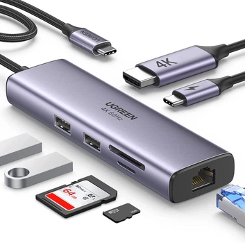 USB-хаб UGREEN CM512 USB-C to 2xUSB 3.0 + HDMI 4K@60Hz + RJ-45 Gigabit + SD/TF + USB-C PD Power Port Gray (60515)