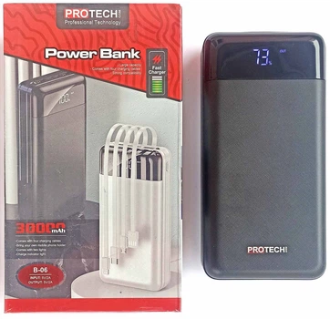 Павербанк ProTech B-06 30000 mAh 2A Fast Charge 2xUSB, 4 кабеля lightning, Type-C, MicroUSB, USB для iPhone, Android, Xiaomi, Samsung, Huawei black