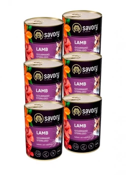 Упаковка вологого корму Savory для стерилізованих котів з ягнятком,6шт*400г