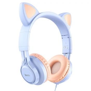 Навушники провідні з мікрофоном Hoco Cat W36 | Hi-Fi, 3.5 мм mini-Jack | котячі вушка Blue