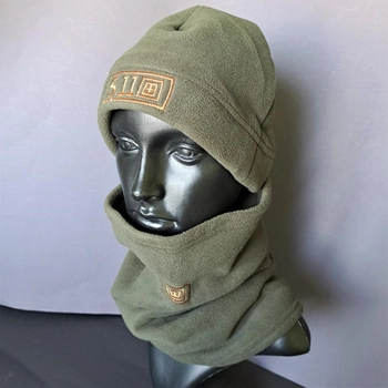 Комплект шапка и бафф флисовая теплая тактическая 5.11 Tactical мужская женская зимняя Оливковый (0312)