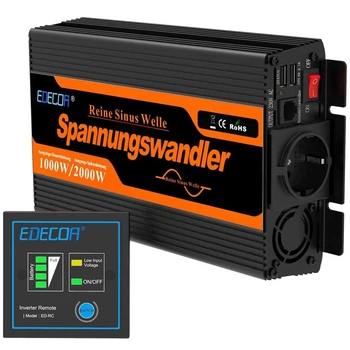 Инвертор преобразователь напряжения Edecoa Spannungswandler 12-230v 1000/2000w чистый синус (пульт дистанционного управления)