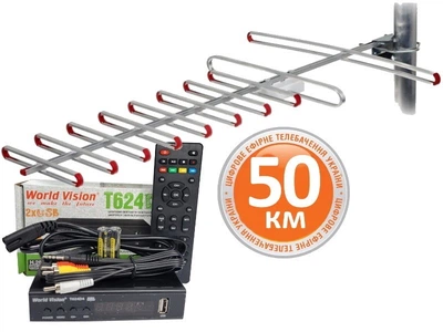 Комплект Т2 телевидения ( Тюнер DVB-T2 World Vision T624D4 IPTV+ Антена для Т2 наружная Super 8 ( 50 км от ретранслятора) )