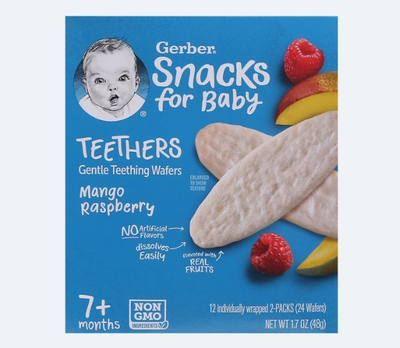 Gerber, прорізувачі, м'які вафлі для прорізування зубів , від 7 місяців, манго та малина, 12 пакетиків, по 2 вафлі в кожному