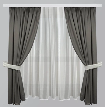 Короткі штори з гардинами для кухні Adagio Windows Decor Графітно сірі у розмірах 2,8х1,7м - тюль, 1,45х1,7м (2шт) - штори