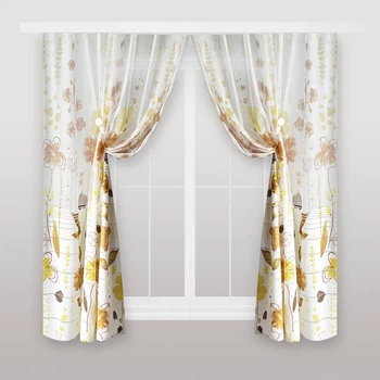 Яркие короткие тюлевые шторы для кухни Adagio Windows Decor Флора - коричневая цветочная занавеска 150х170см (2шт)