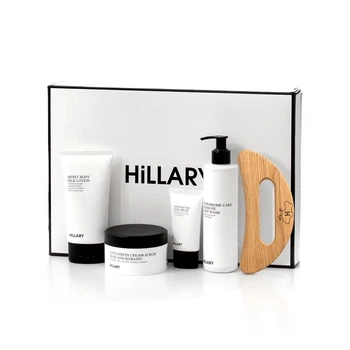 Подарочный набор шелкового ухода за телом с деревянным скребком Hillary Perfect Silk Body Care + Gua Sha: Кремовый скраб-антистресс + Крем-гель для душа + Крем для рук и ногтей + Увлажняющий лосьон-бустер M-11-382