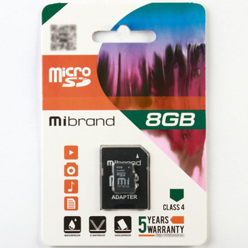 Карта памяти 8 Гб | Mibrand 8GB MICDC4/8GB-A | Тип microSDHC | CLASS 4 (ADAPTER SD) KT-FF