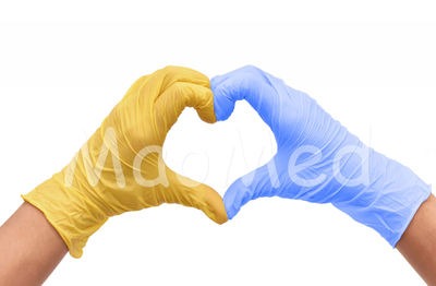 Рукавички нітрилові Medicom Blue and Yellow текстуровані без пудри блакитні та жовті розмір L 200 шт (3,6 г.)