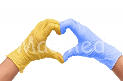 Рукавички нітрилові Medicom Blue and Yellow текстуровані без пудри блакитні та жовті розмір S 200 шт (3,6 г.)