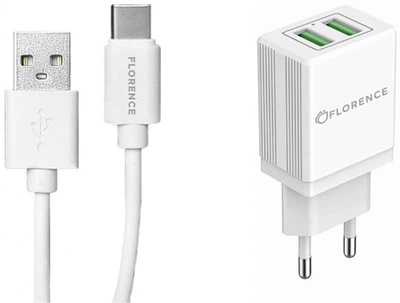 Сетевое зарядное устройство Florence 2USB 2A + Type-C cable White (FL-1021-WT)