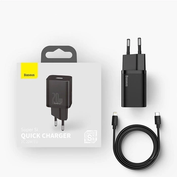 Baseus Super Si Quick Charger 1C 20W EU Sets Black (Z Baseus Simple Wisdom Data Cable Type-C to iP 1m Black) (TZCCSUP-B01)