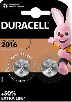 Спеціалізована літієва батарейка типу «таблетка» Duracell 2016 3V,(DL2016/CR2016), 2 шт. (5000394045736)