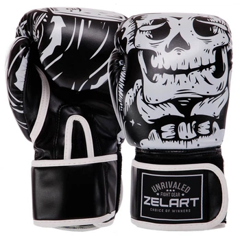 Перчатки для бокса и единоборств на липучке Zelart Skull Fight Gear 5493 12 унций Black-White