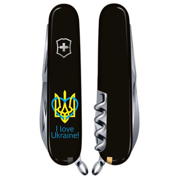 Ніж складаний 91 мм, 15 функцій Victorinox HUNTSMAN UKRAINE Чорний/Трезубець із серцем + I love Ukraine