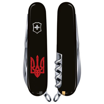 Нож складной 91 мм, 15 функций Victorinox HUNTSMAN UKRAINE Черный/Трезубец плетёный красный