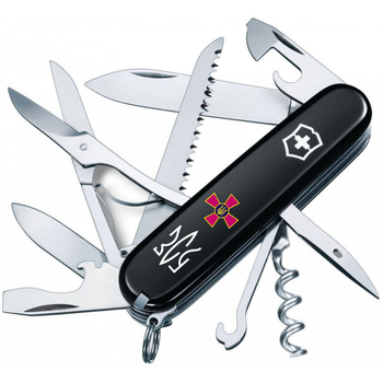 Ніж складаний 91 мм, 15 функцій Victorinox HUNTSMAN ARMY Чорний/Емблема ЗСУ + Тризуб ЗСУ