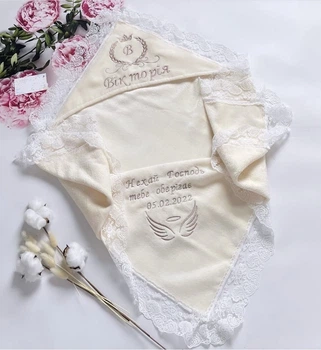 Крыжма для крещения именная (ЛЮБОЕ ИМЯ) Крылья ангела бежевая 80х80 см