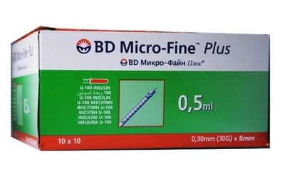 Шприц ін'єкційний інсуліновий одноразовий стерильний BD Micro-Fine Plus U-100 0,5 мл з голкою 30G 0,30 х8 мм 10 шт.