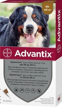 Капли Bayer Адвантикс Advantix от блох и клещей для собак весом 40-60 кг 4 пипетки х 6 мл 86310090