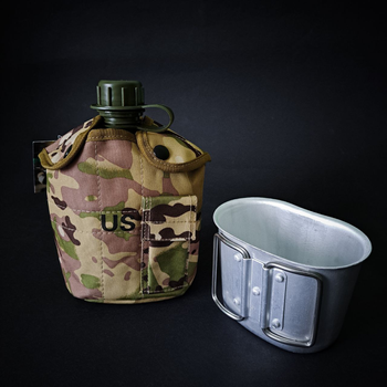 Фляга з котелком та чохлом, Тактична фляга для води, військова фляга з сумкою Камуфляж (ТБ3428)