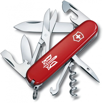 Ніж складаний швейцарський 91 мм/14 функцій Victorinox CLIMBER UKRAINE Червоний/Трезубець ОУН білий