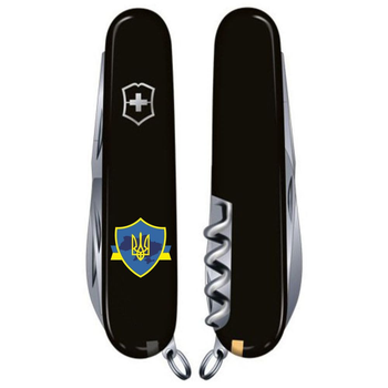 Ніж складаний швейцарський 91 мм/12 функцій Victorinox SPARTAN UKRAINE Чорний/Трезубець на щиті зі стрічкою